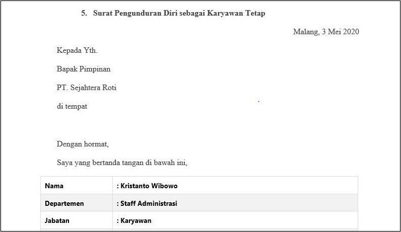 Contoh Surat Pengunduran Diri Kontrak Kerja Habis