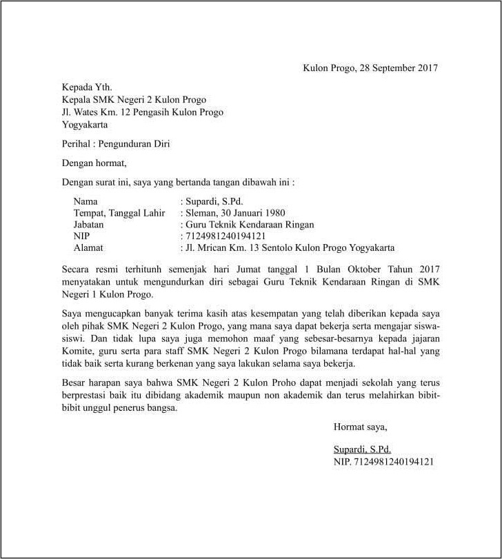 Contoh Surat Pengunduran Diri Pekerjaan Word