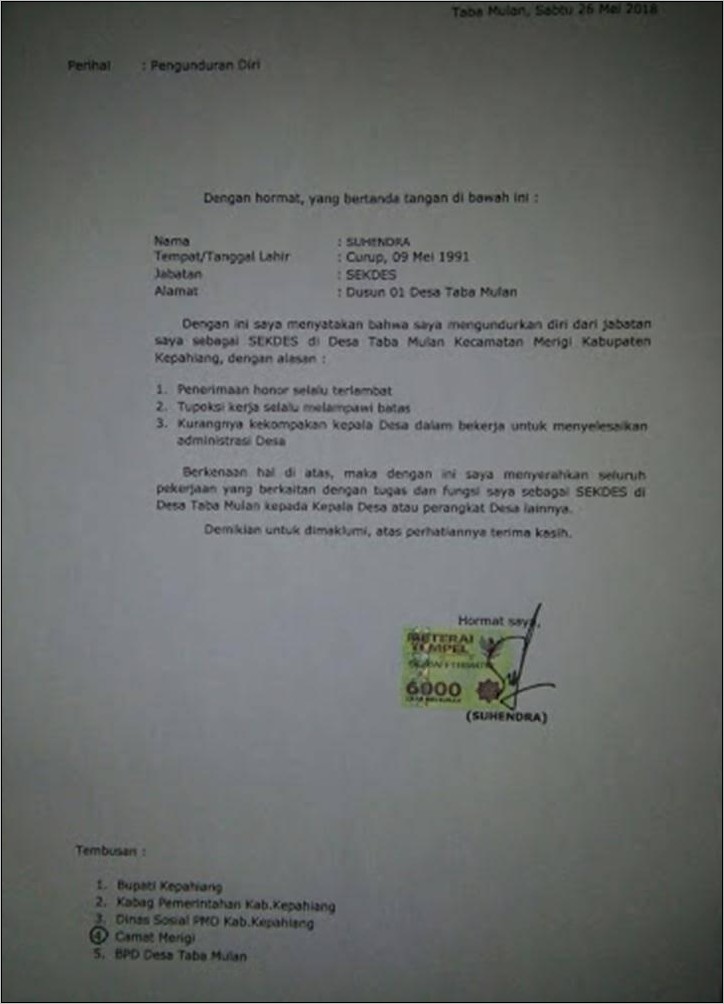 Contoh Surat Pengunduran Diri Sebagai Pejabat Penerima Hasil Pekerjaan