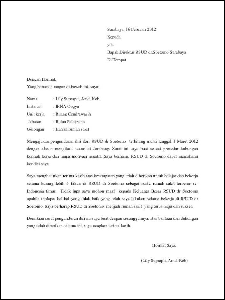 Contoh Surat Pengunduran Kerja Yang Baik