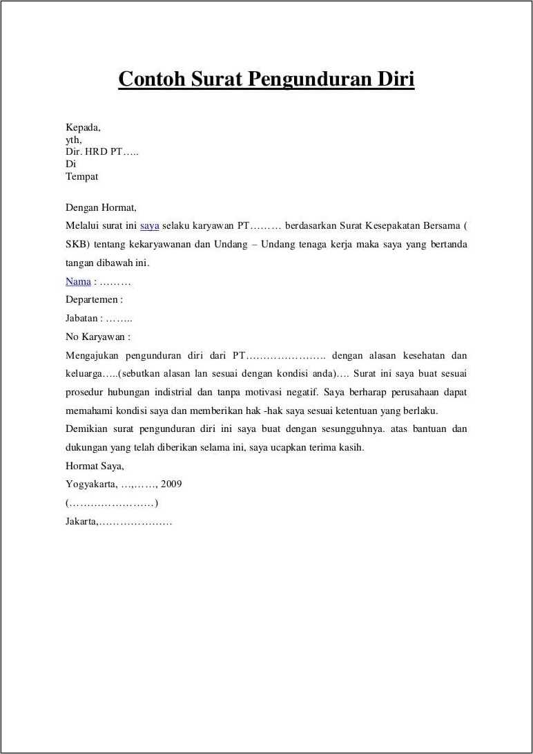 Contoh Surat Pengunuran Diri Kerja