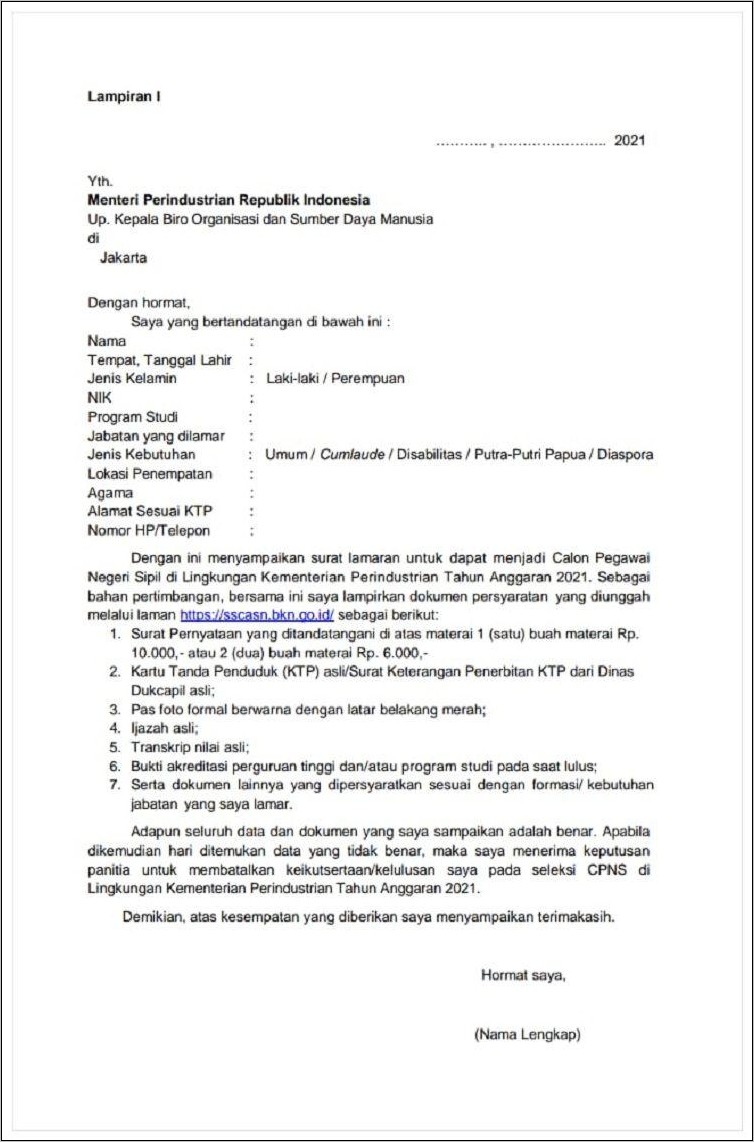 Contoh Surat Penyataan Lamaran Cpns