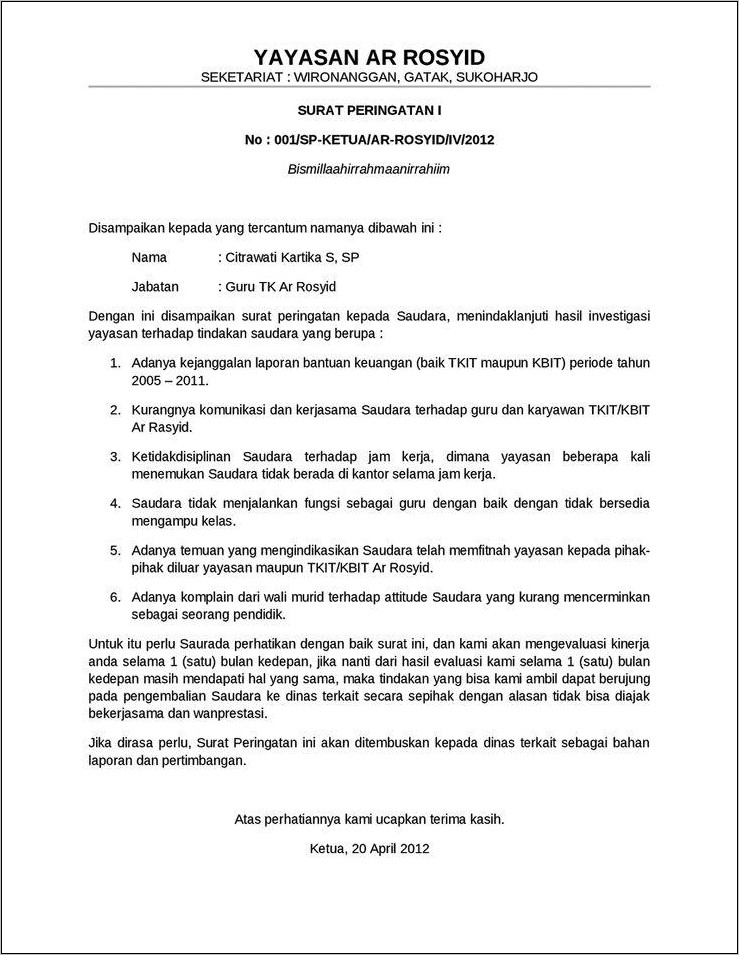 Contoh Surat Peringatan Kerja Senat
