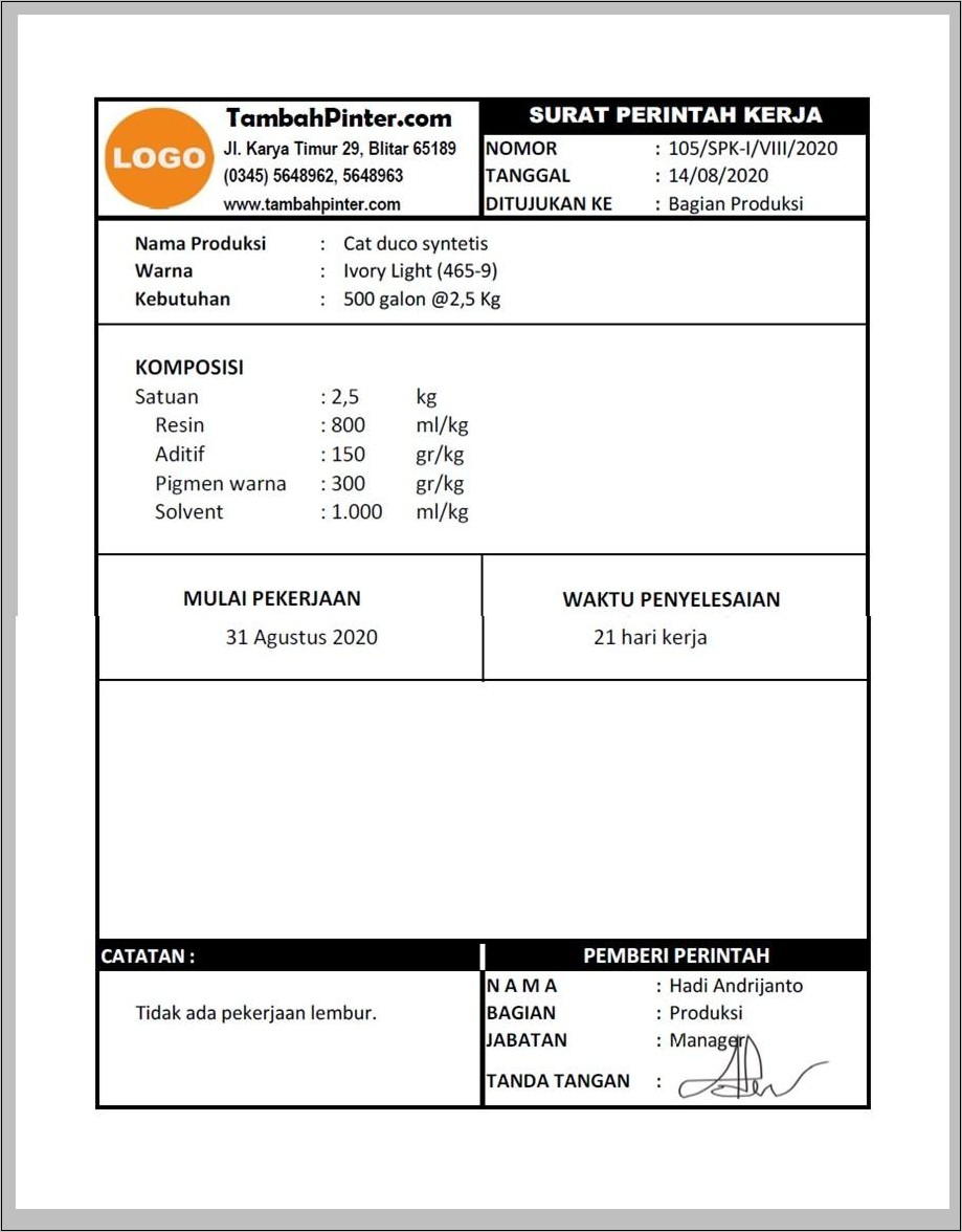 Contoh Surat Perintah Kerja Angkutan