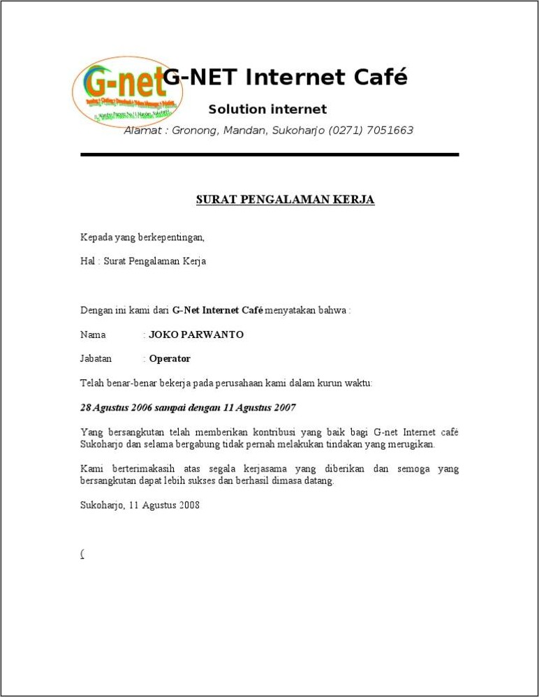 Contoh Surat Perintah Kerja Cafe