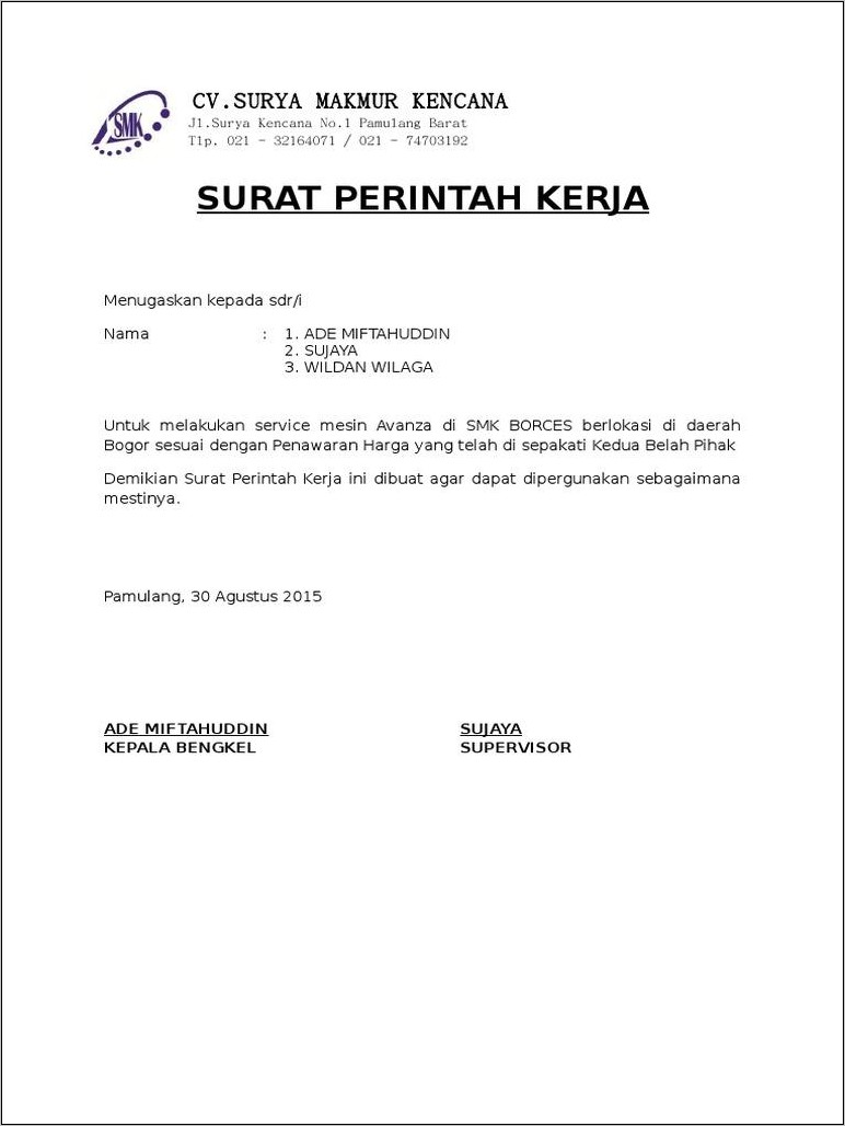 Contoh Surat Perintah Kerja Karyawan