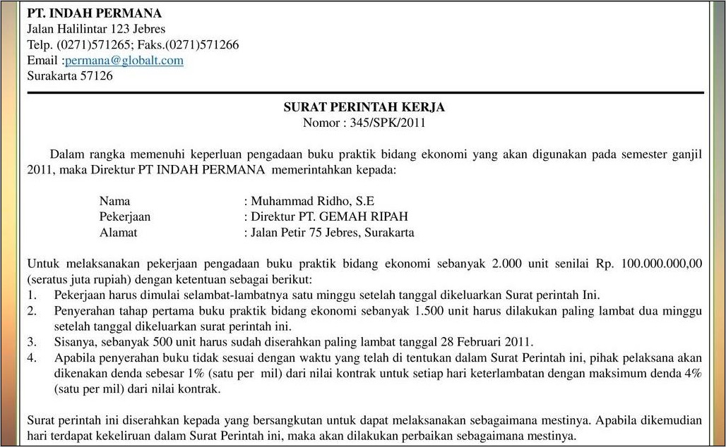 Contoh Surat Perintah Kerja Pengadaan Sewa Kendaraan Operasional