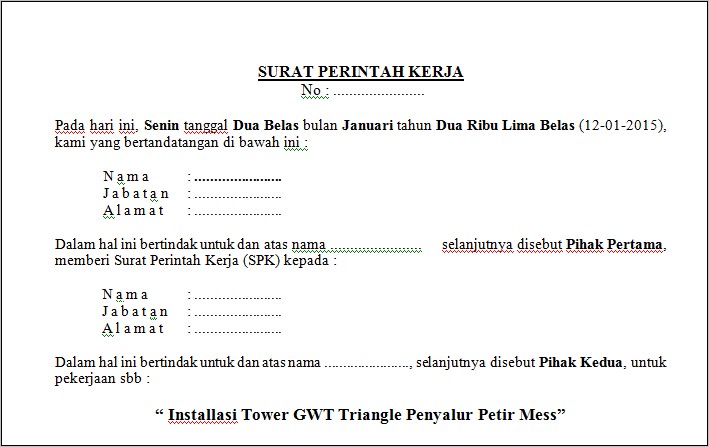 Contoh Surat Perintah Kerja Proyek Pembangunan