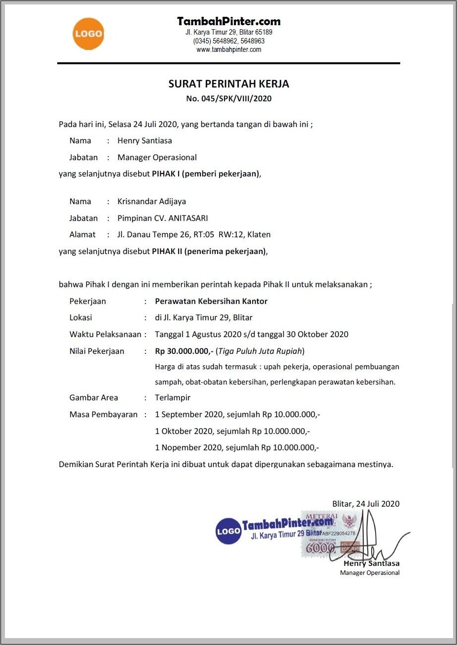 Contoh Surat Perintah Kerja Resmi