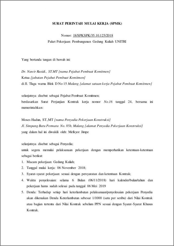 Contoh Surat Perintah Kerja Sementara