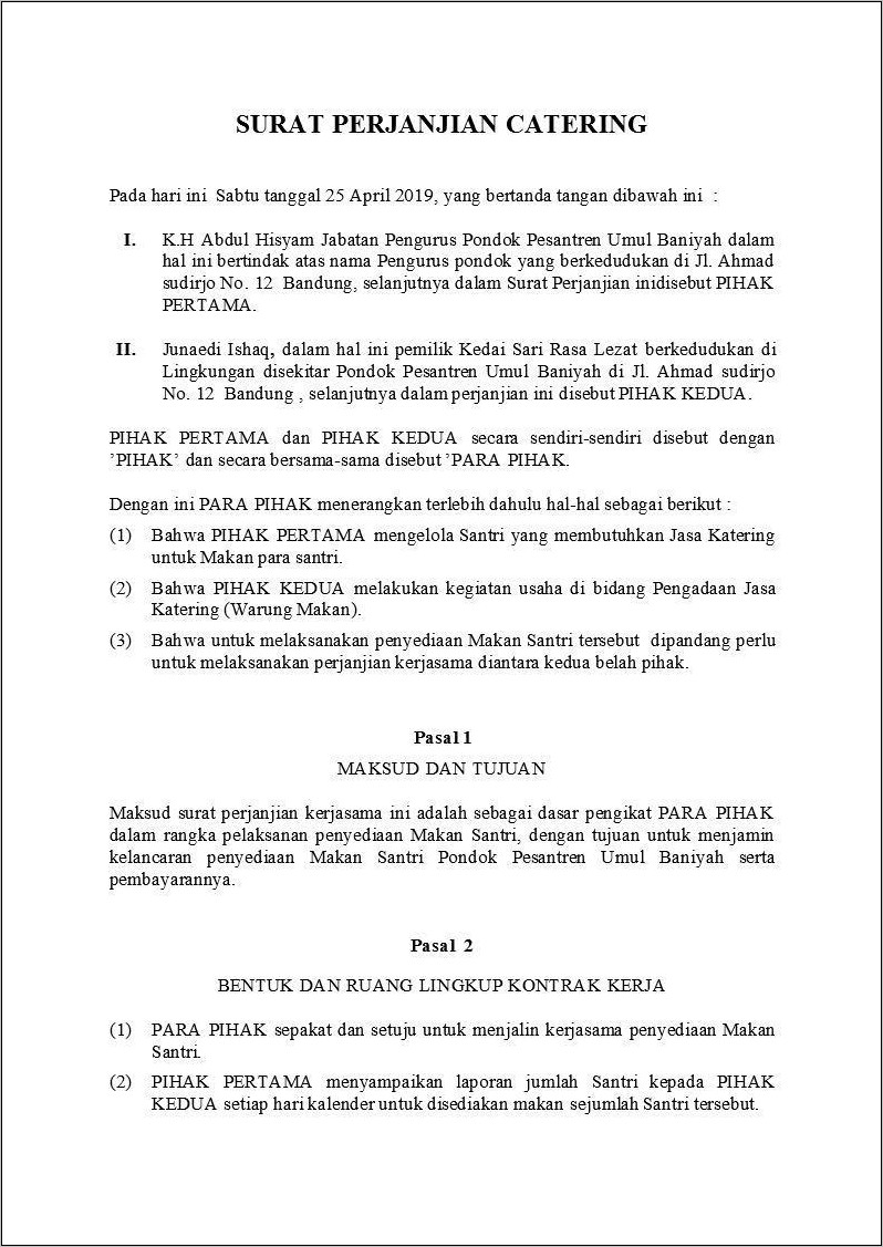 Contoh Surat Perjanian Kerja