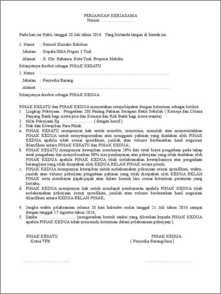 Contoh Surat Perjanjian Kerja Dalam Hukum