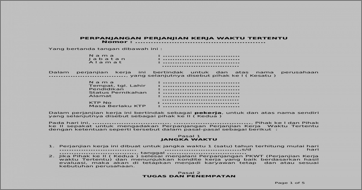 Contoh Surat Perjanjian Kerja Dalam Waktu Tertentu