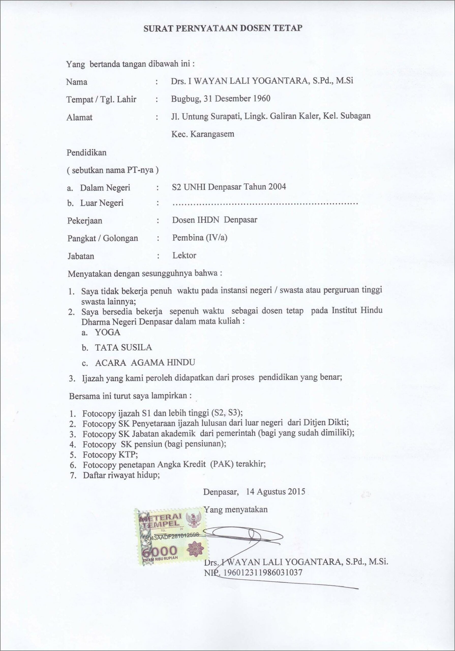 Contoh Surat Perjanjian Kerja Dosen