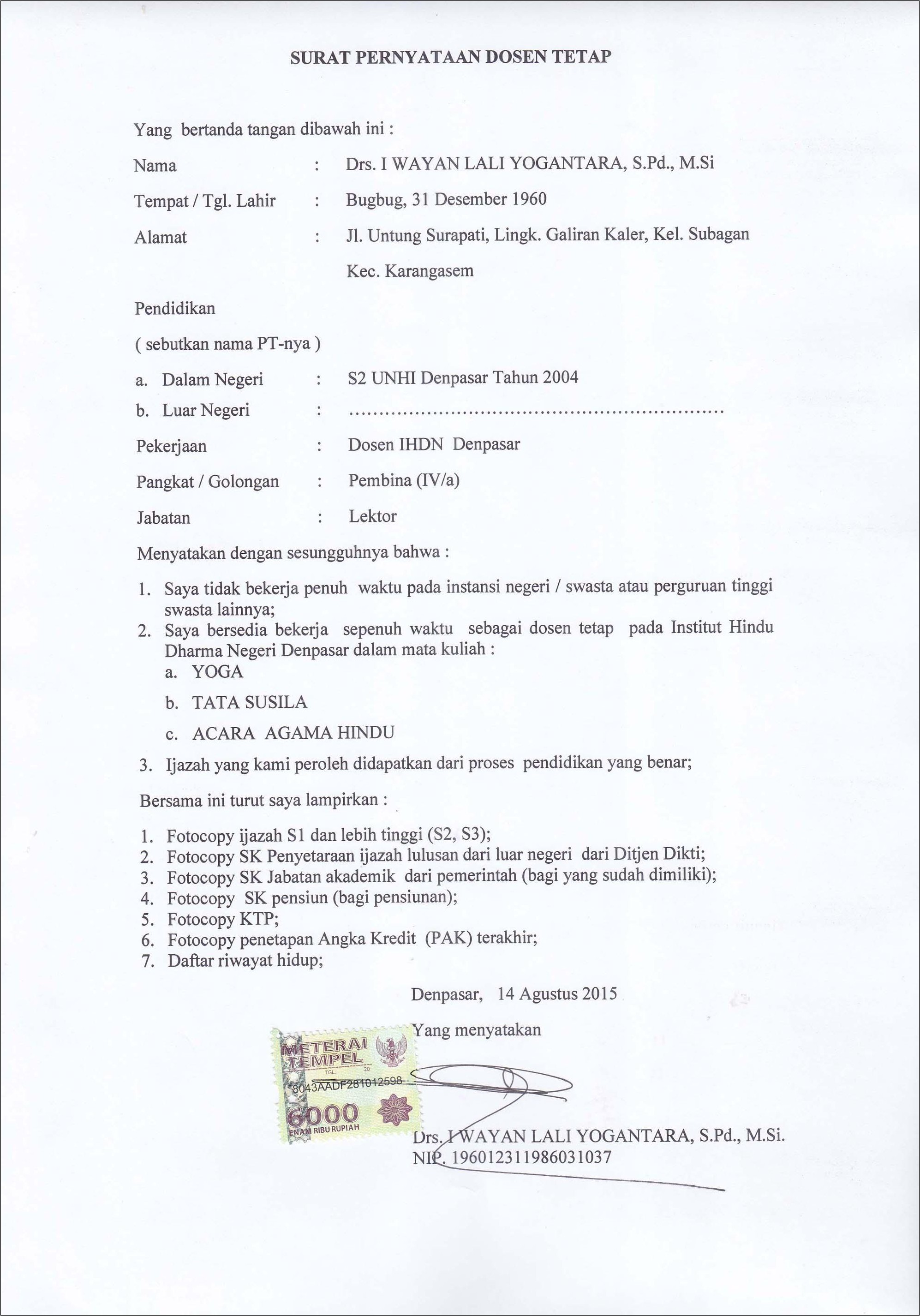 Contoh Surat Perjanjian Kerja Dosen