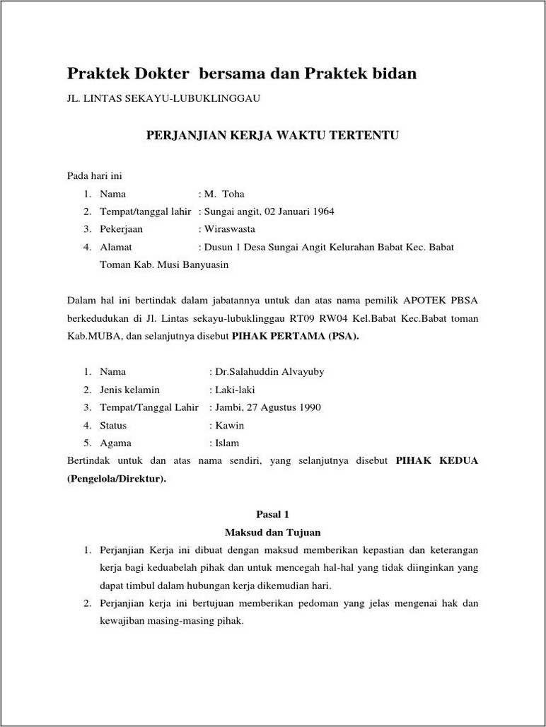 Contoh Surat Perjanjian Kerja Karyawan Pembayaran Perharian
