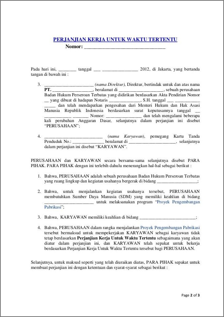 Contoh Surat Perjanjian Kerja Karyawan Tidak Tetap