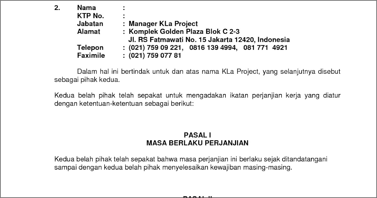 Contoh Surat Perjanjian Kerja Paruh Waktu