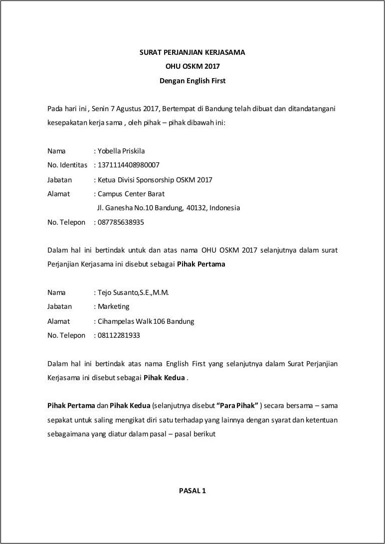 Contoh Surat Perjanjian Kerja Sama Mou Sponsor