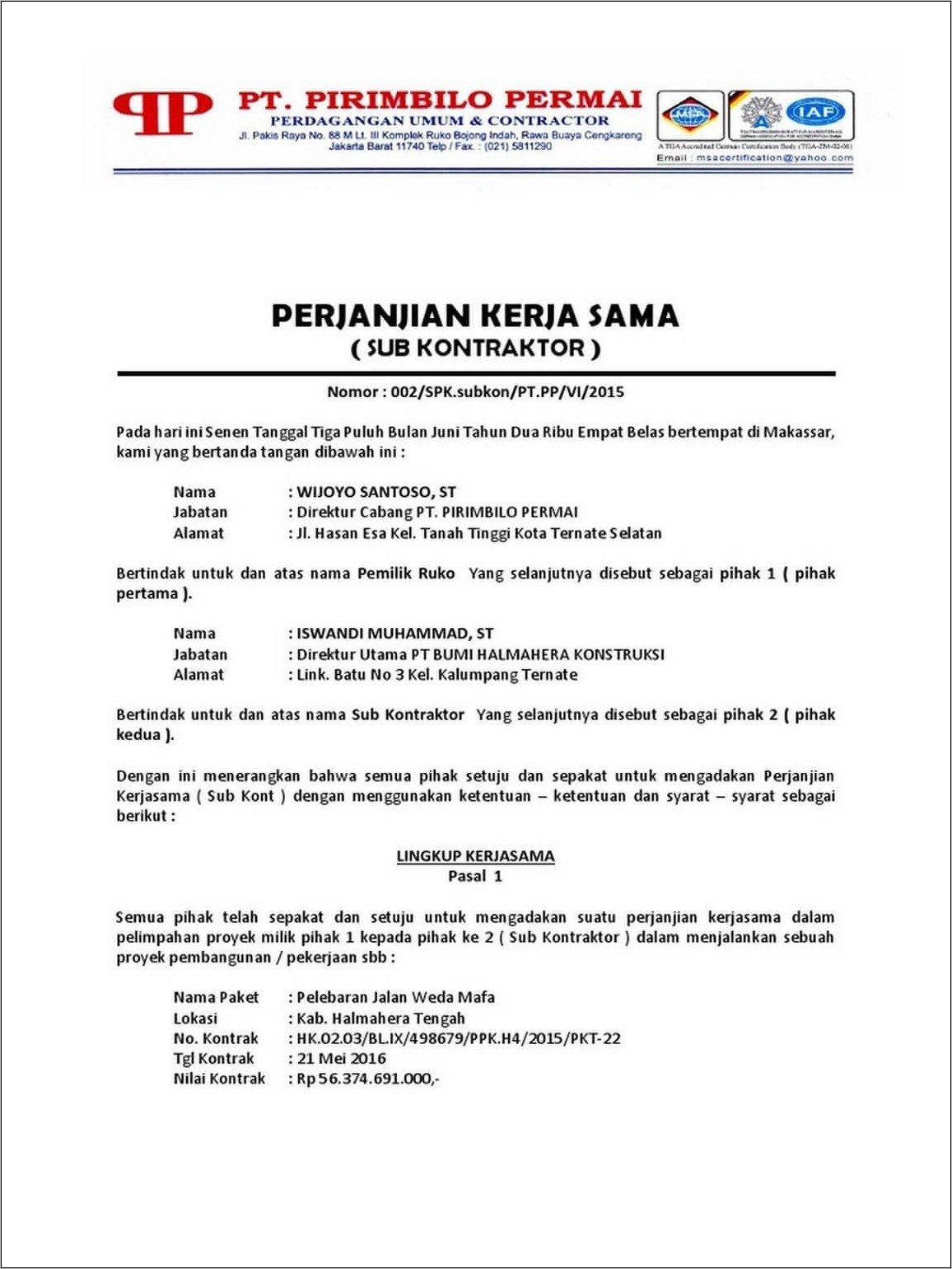 Contoh Surat Perjanjian Kerja Swasta