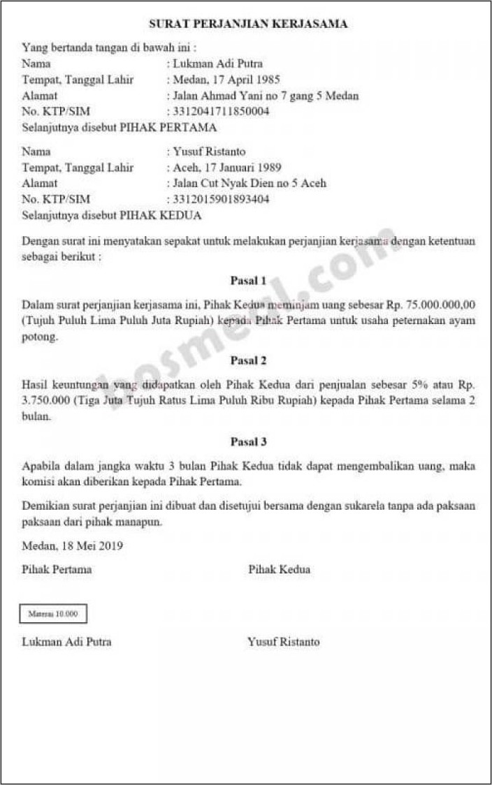 Contoh Surat Perjanjian Kerja Waktu Tidak Tertentu