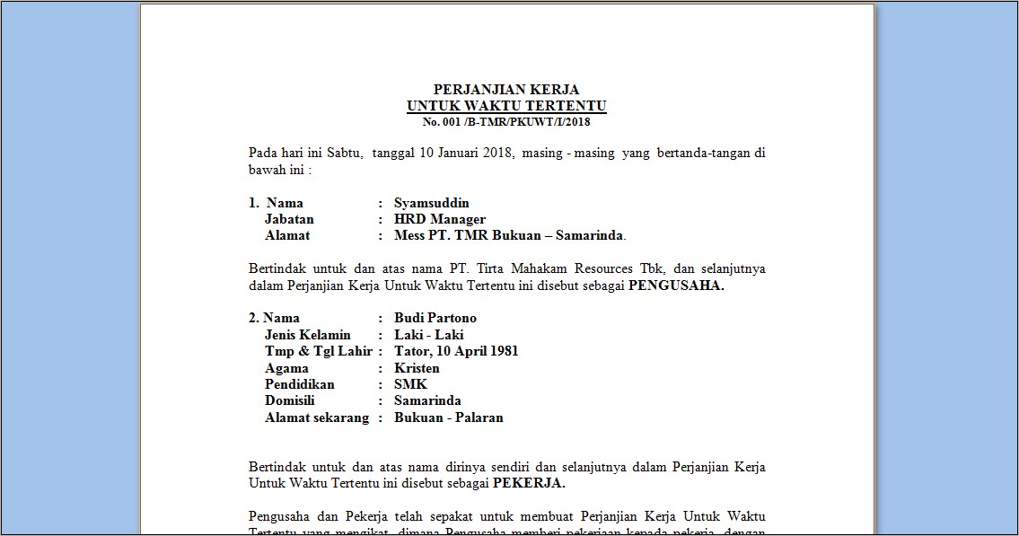 Contoh Surat Perjanjian Kontrak Kerja Karyawan Freelance