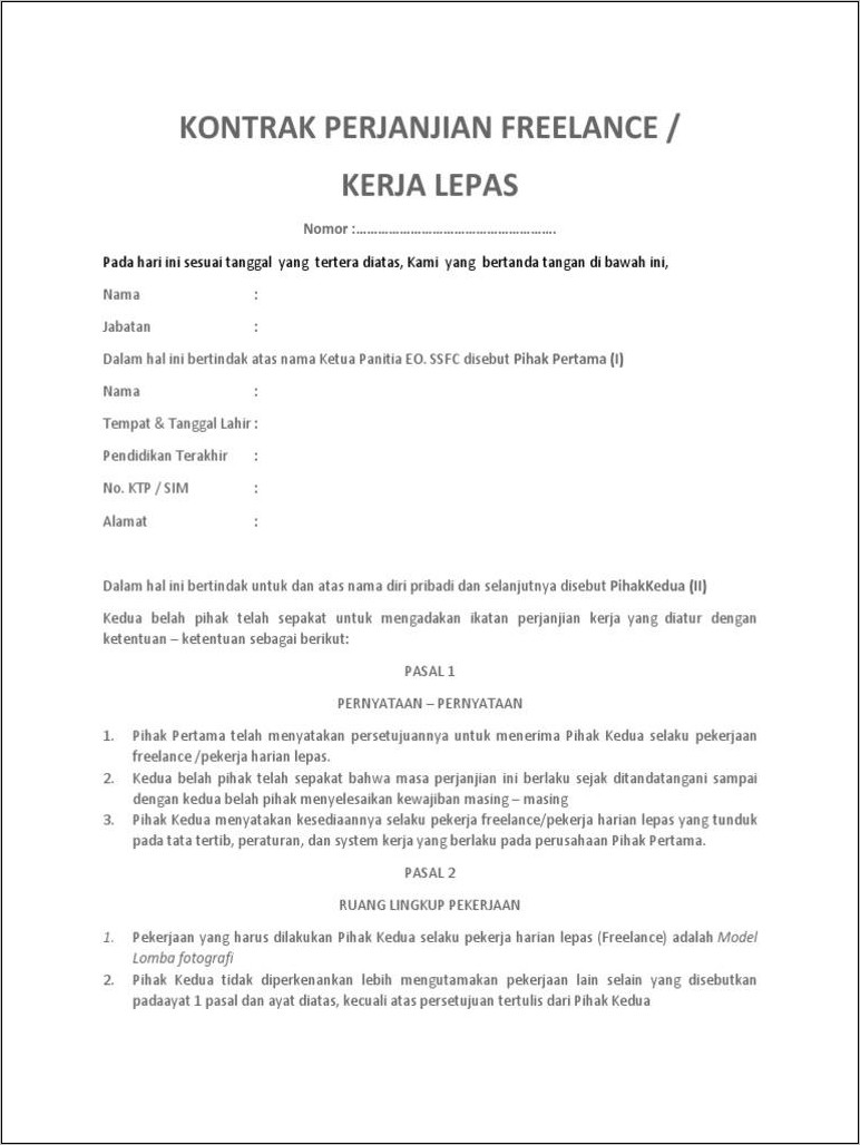 Contoh Surat Perjanjian Kontrak Kerja Part Time