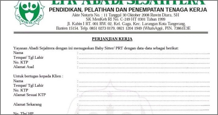 Contoh Surat Perjanjian Kontrak Kerja Pembantu Rumah Tangga