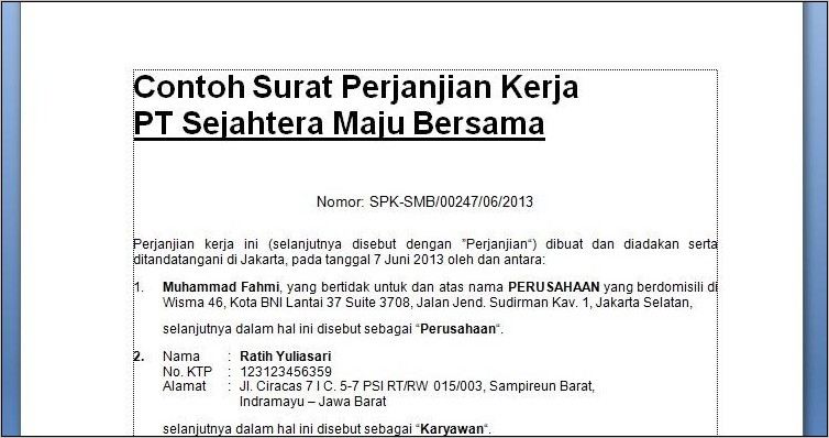 Contoh Surat Perjanjian Kontrak Kerja Untuk Pt