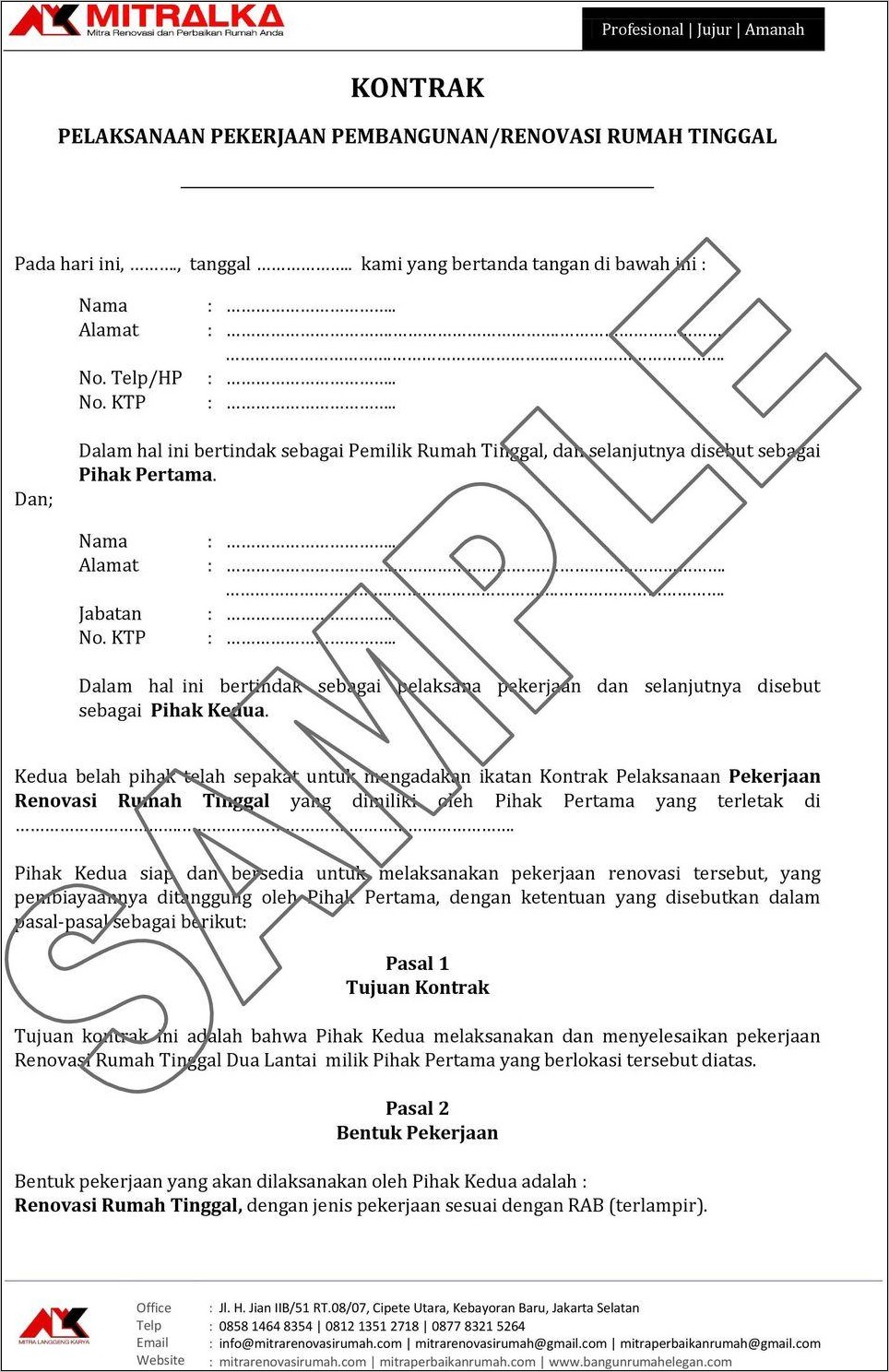 Contoh Surat Perjanjian Pekerjaan Bangunan