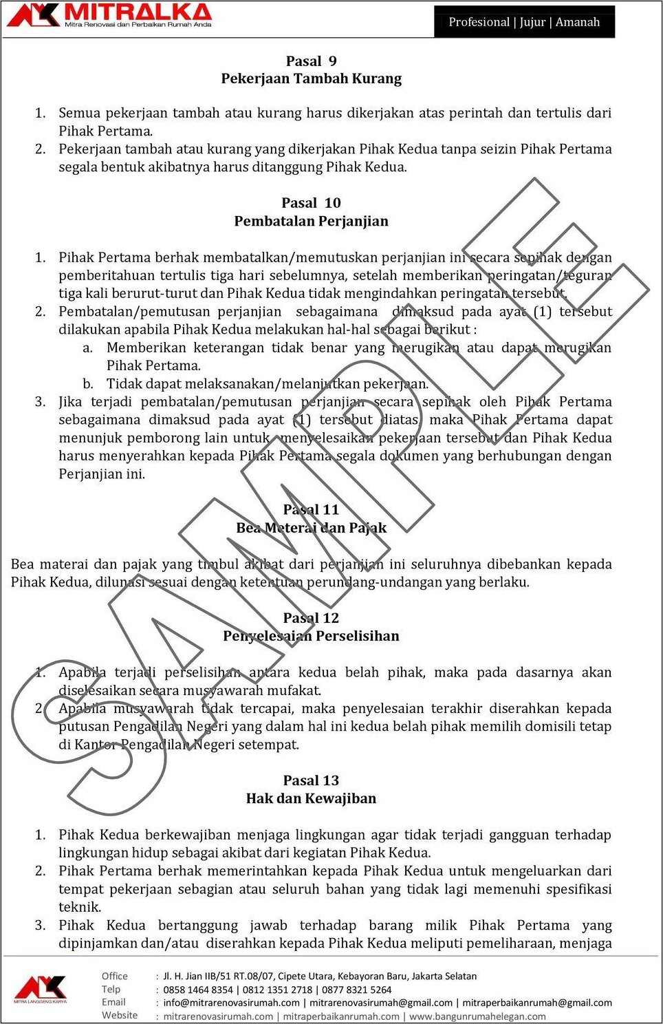 Contoh Surat Perjanjian Pekerjaan Memborong Rumah