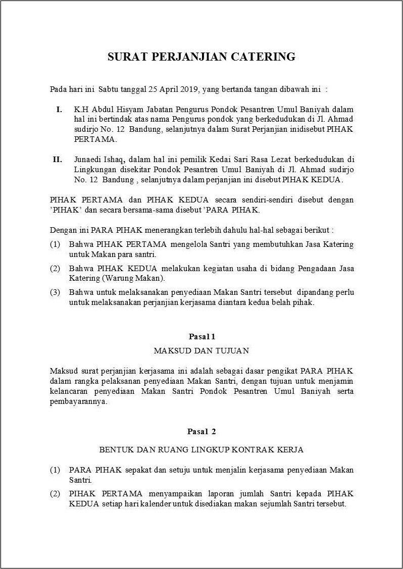 Contoh Surat Perjanjian Penyelesaian Pekerjaan