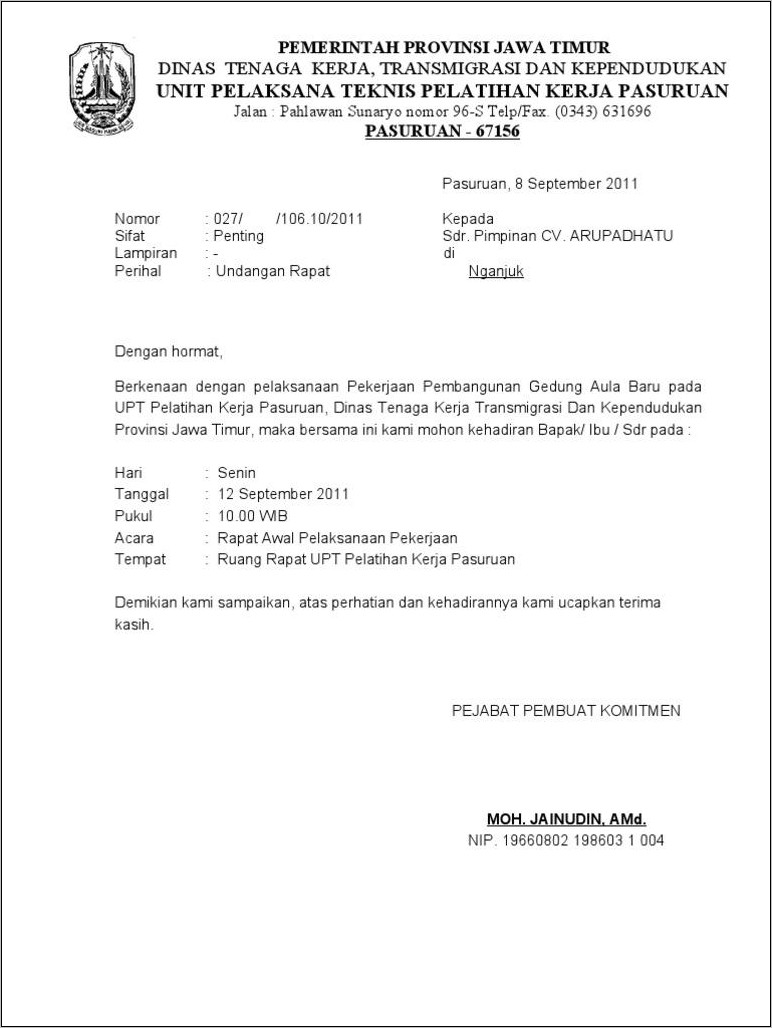 Contoh Surat Permohonan Addendum Pekerjaan Tambah Kurang