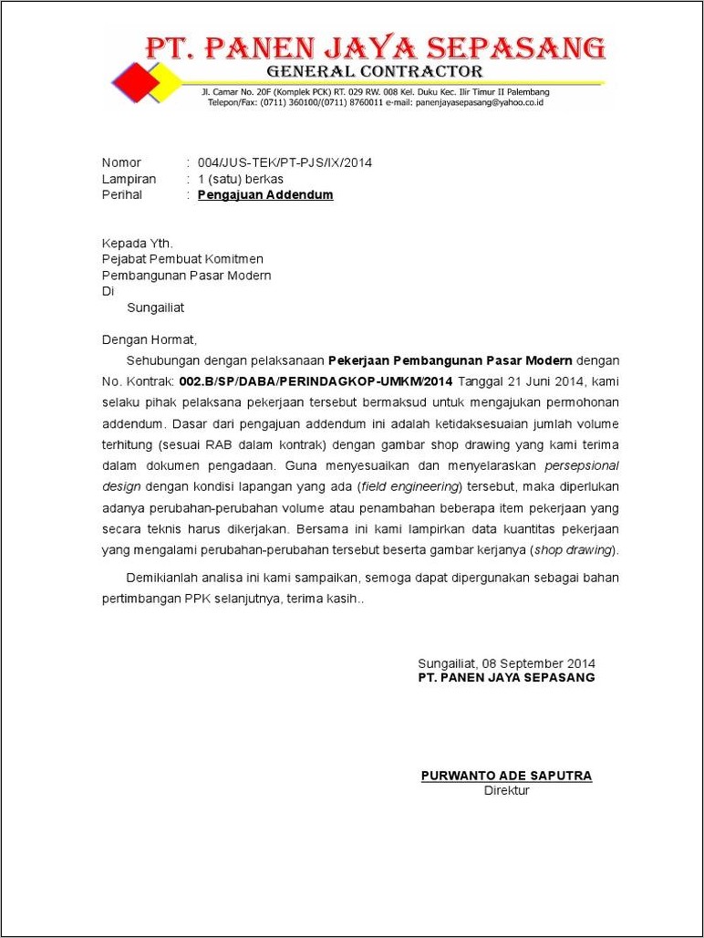 Contoh Surat Permohonan Addendum Pekerjaan