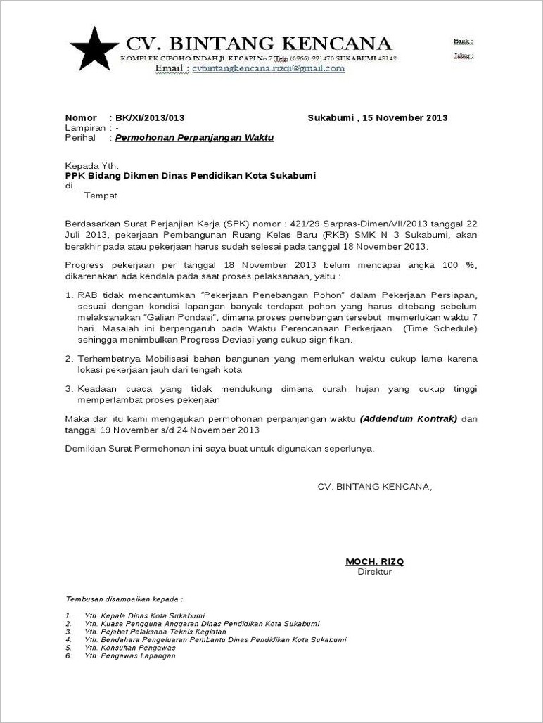 Contoh Surat Permohonan Addendum Perpanjangan Waktu Pekerjaan