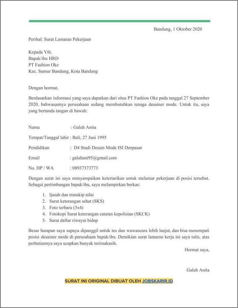 Contoh Surat Permohonan Bekerja