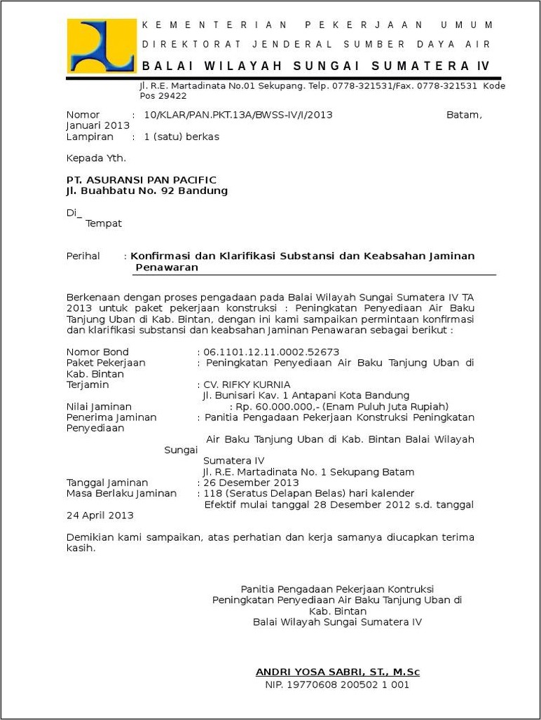 Contoh Surat Permohonan Jaminan Pelaksanaan Pekerjaan Pada Asuransi