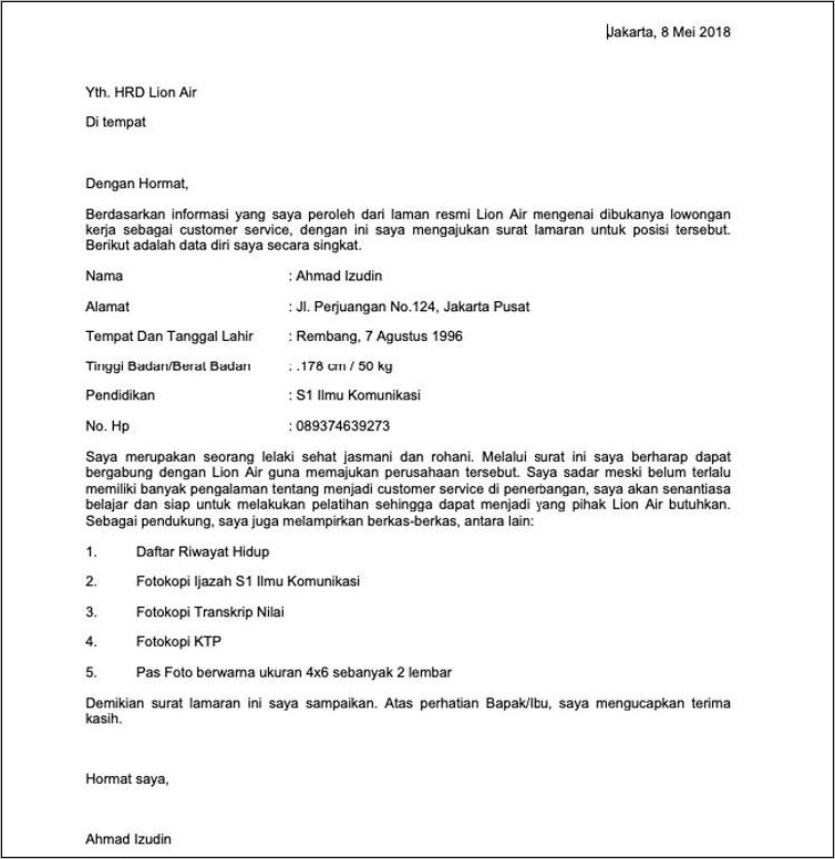 Contoh Surat Permohonan Kerja 2018