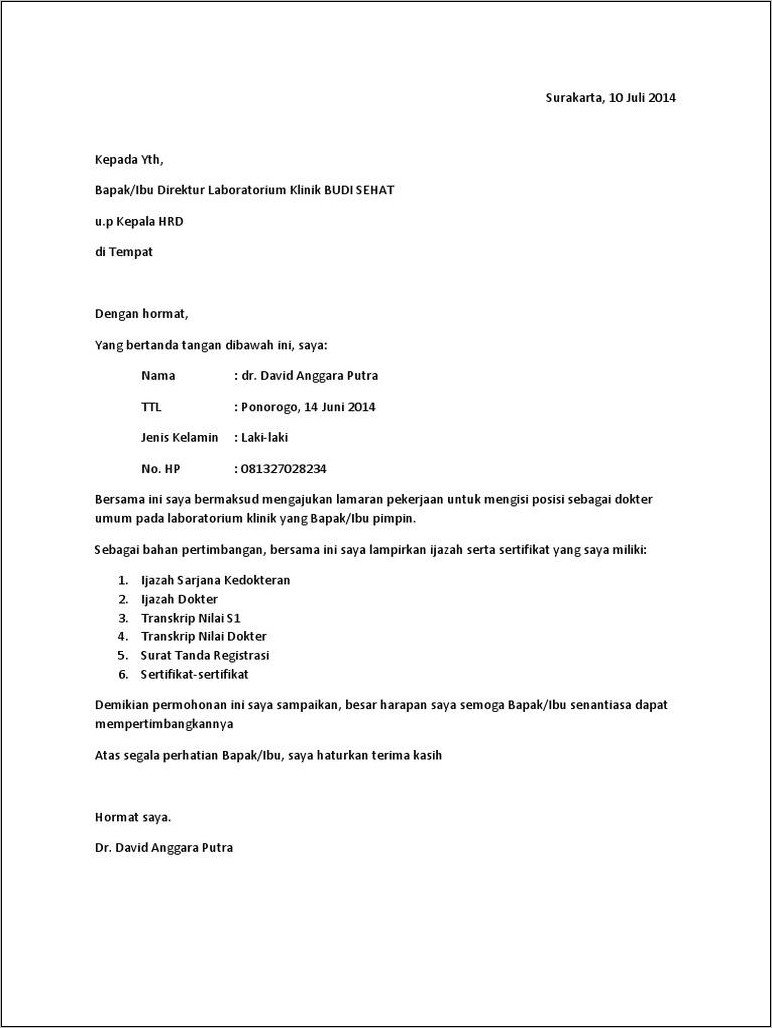 Contoh Surat Permohonan Kerja Bidan