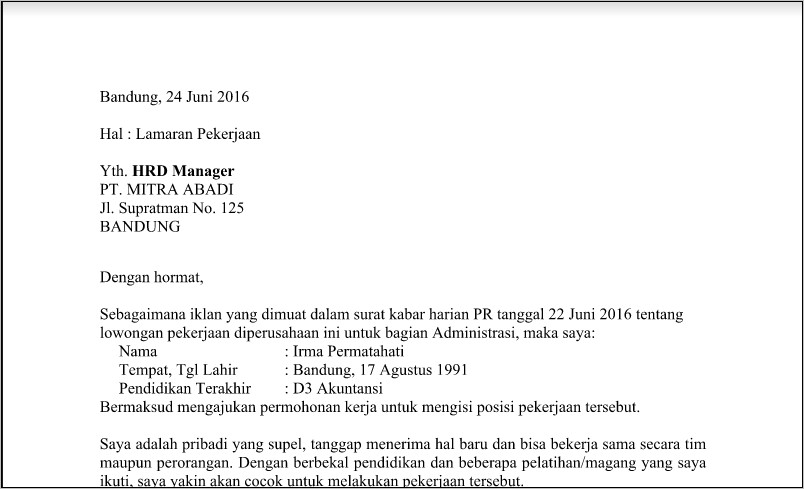 Contoh Surat Permohonan Kerja Dok