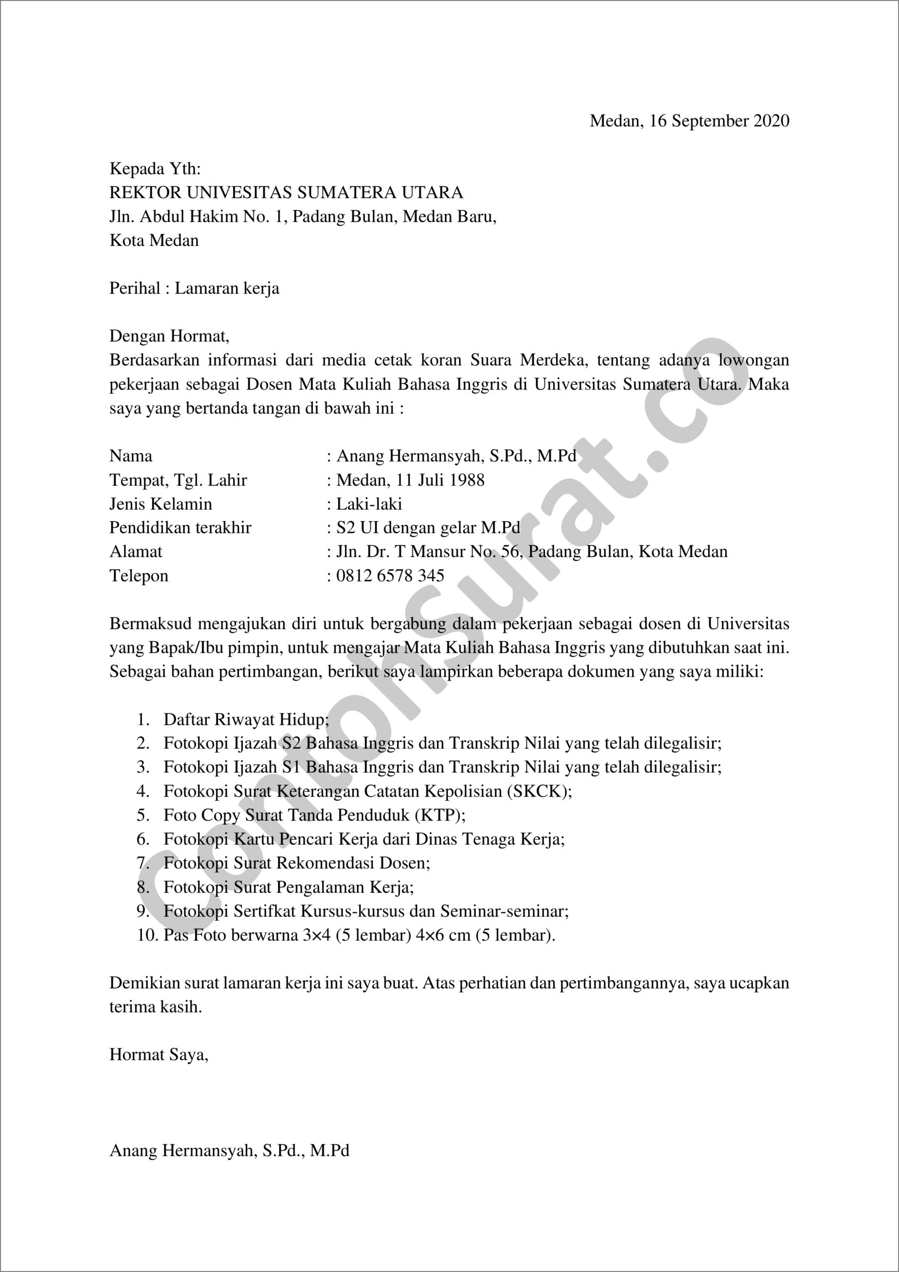 Contoh Surat Permohonan Kerja Dosen