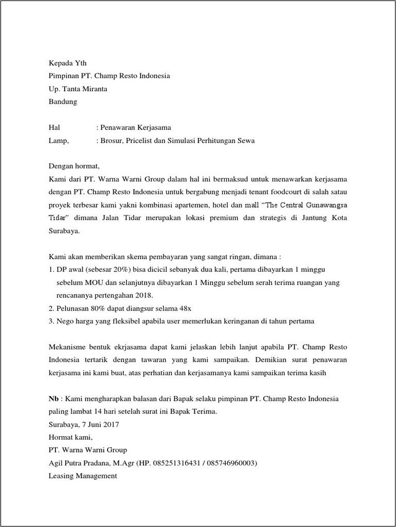 Contoh Surat Permohonan Kerja Sama Sewa