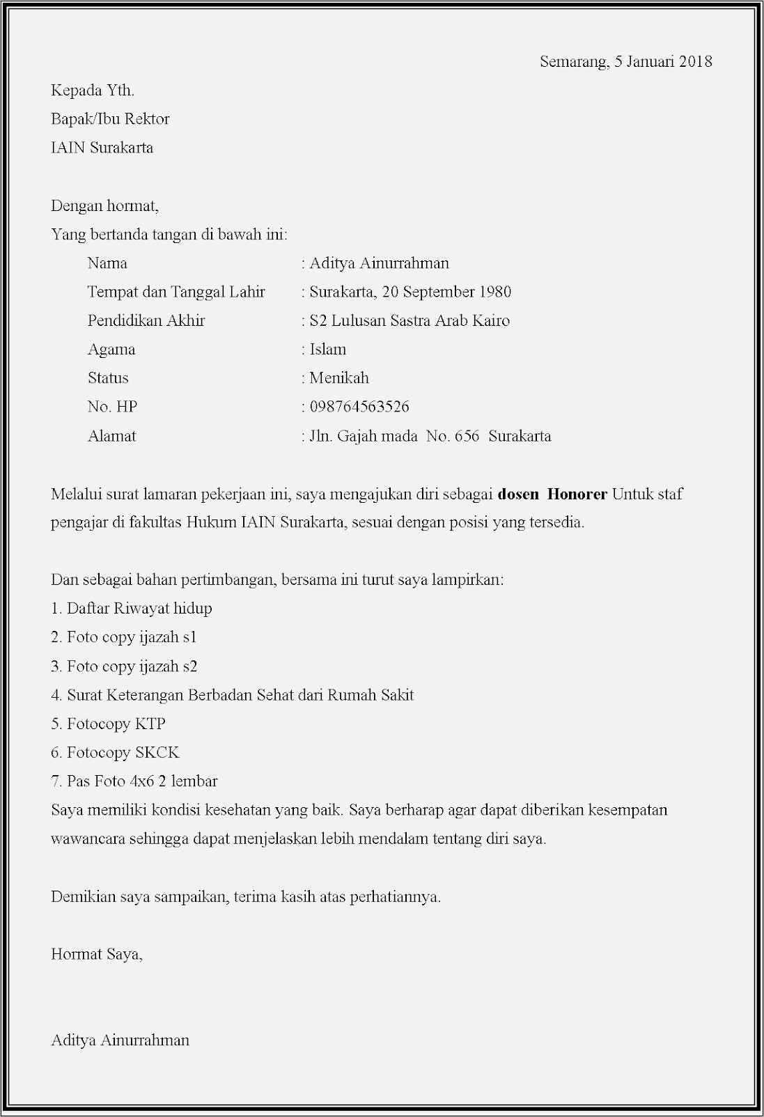 Contoh Surat Permohonan Lamaran Kerja Honorer