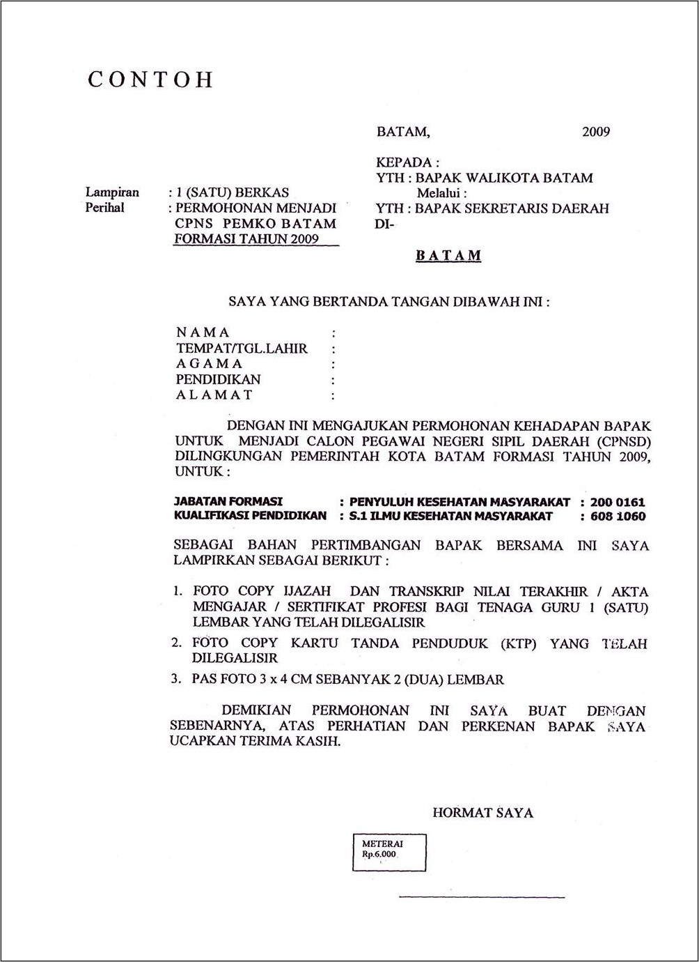 Contoh Surat Permohonan Lamaran Kerja Pemkot