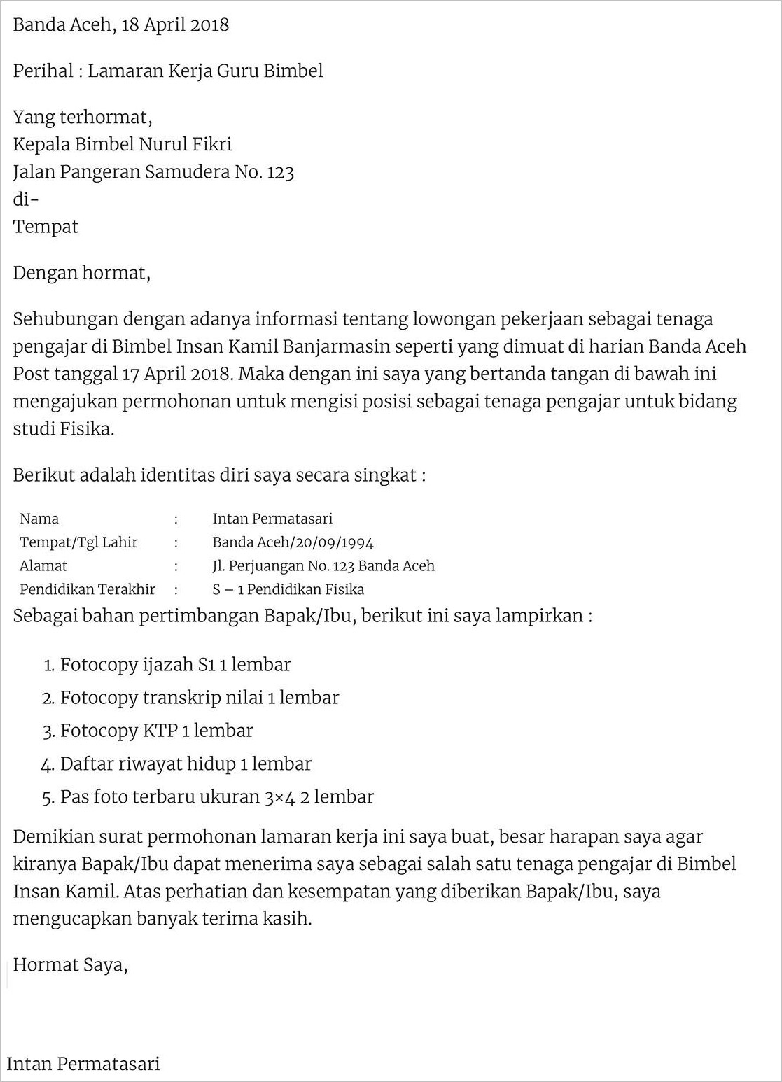 Contoh Surat Permohonan Lamaran Pekerjaan Guru Yang Benar