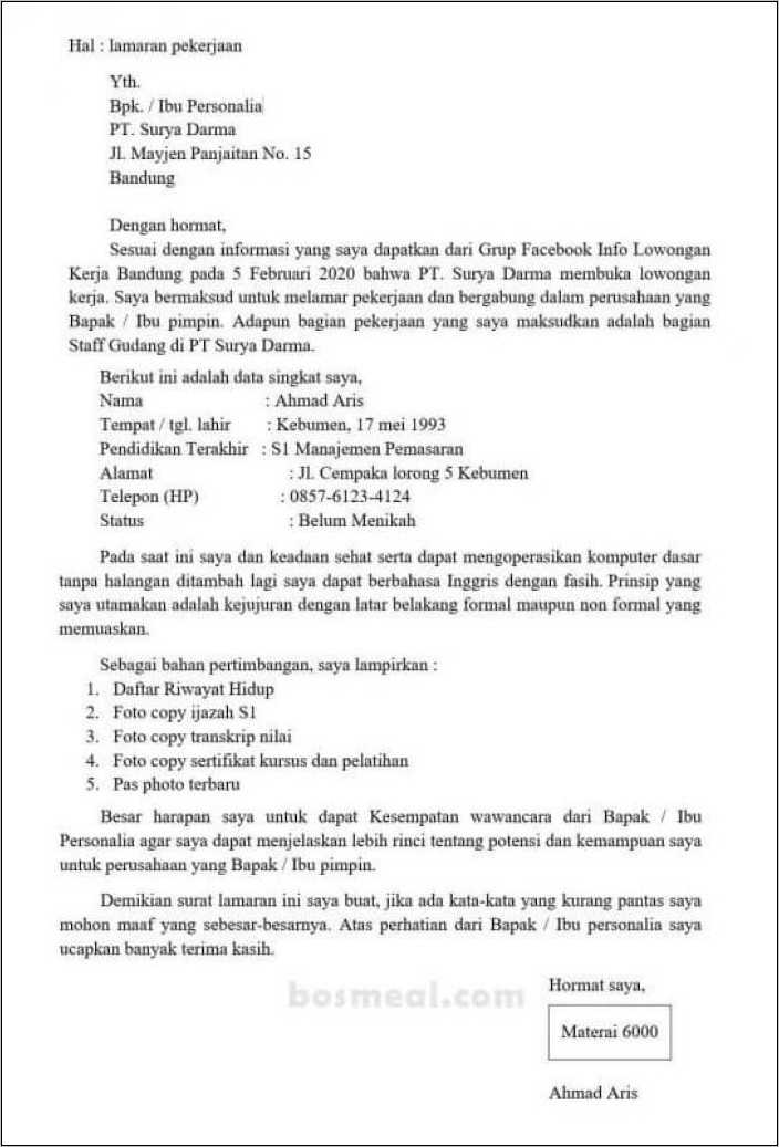 Contoh Surat Permohonan Lamaran Pekerjaan Yang Benar