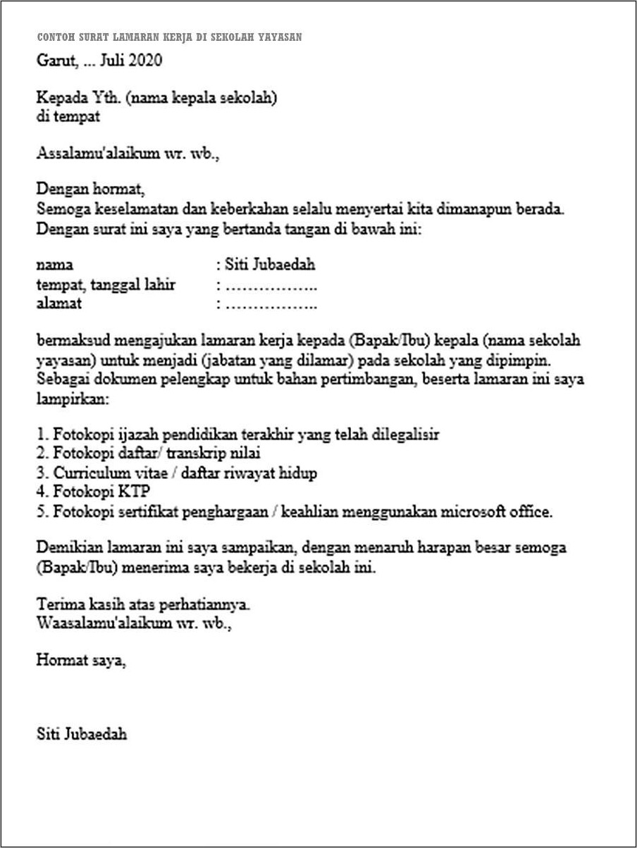Contoh Surat Permohonan Melamar Kerja Ke Sekolah