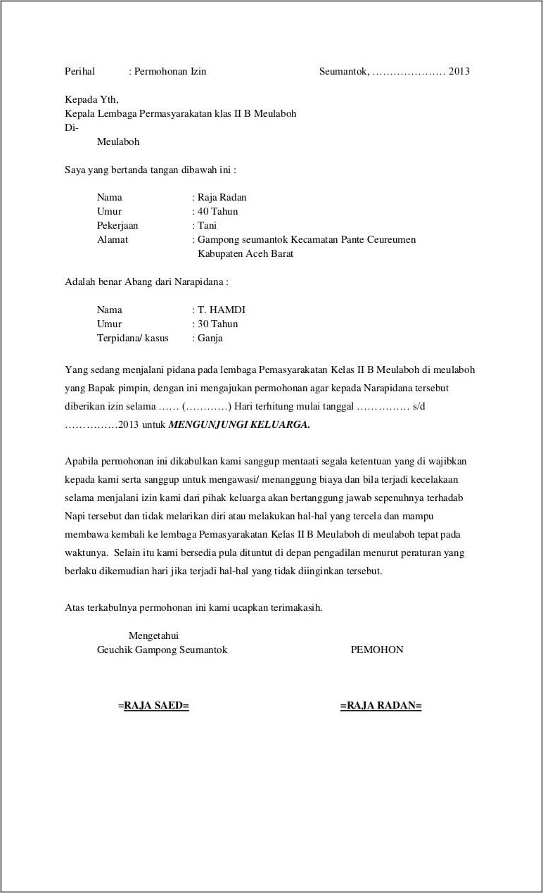 Contoh Surat Permohonan Napi Kerja Dilingkungan Lapas