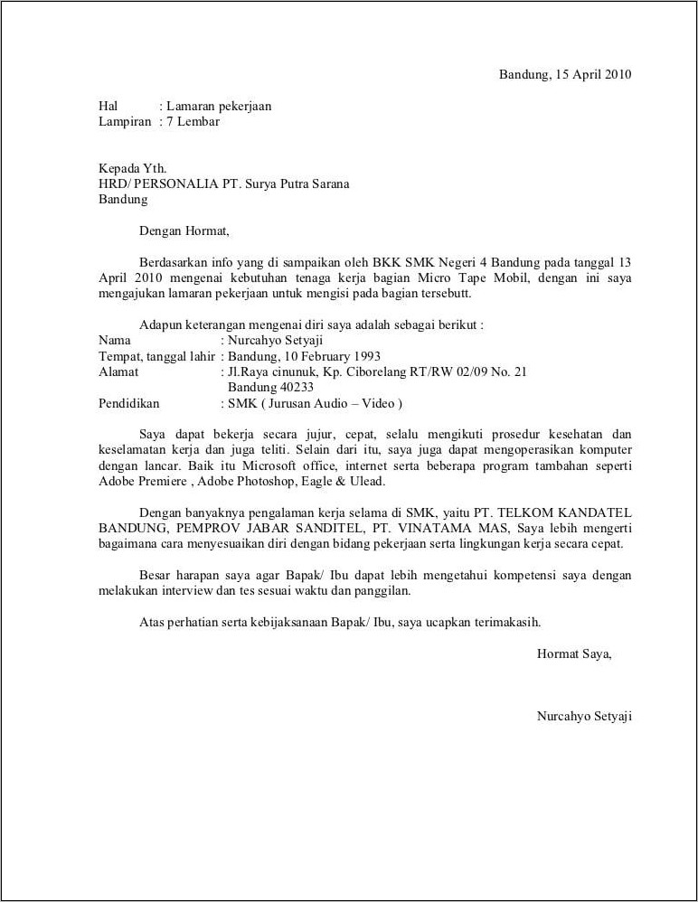 Contoh Surat Permohonan Pekerjaan