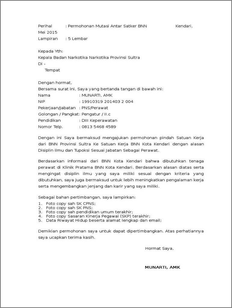 Contoh Surat Permohonan Pindah Divisi Kerja